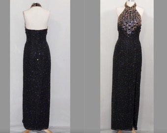 Black & Gold Silk Sequin Beaded Gown