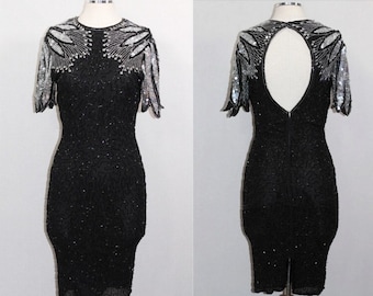 Handmade Beaded Sequin Black Silver Gown (s)