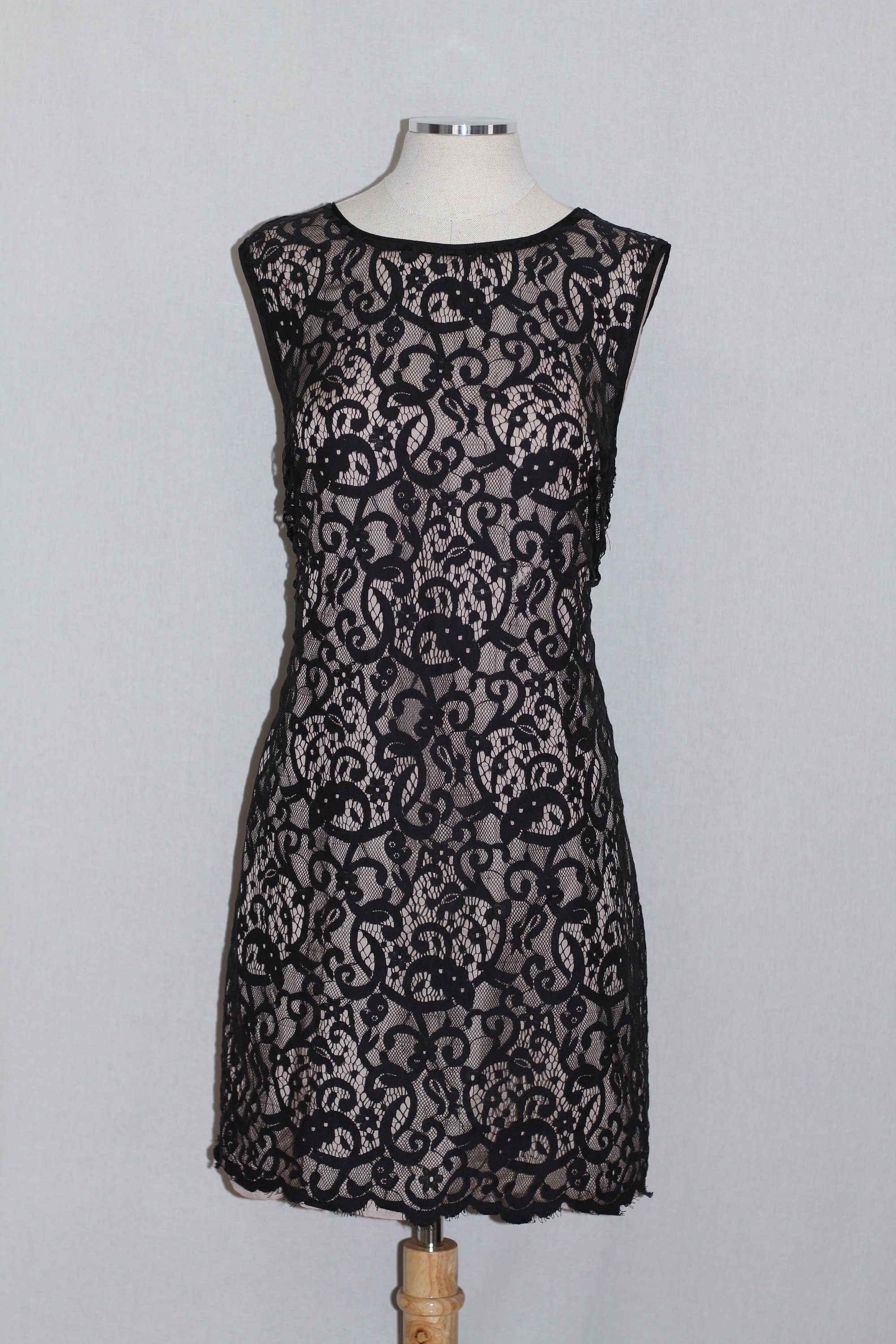 alex evenings sequin lace sheath dress Alex Evenings Long Sleeveless Lace Dress with Cascade Ruffle Front Slit Detail Buff / 14