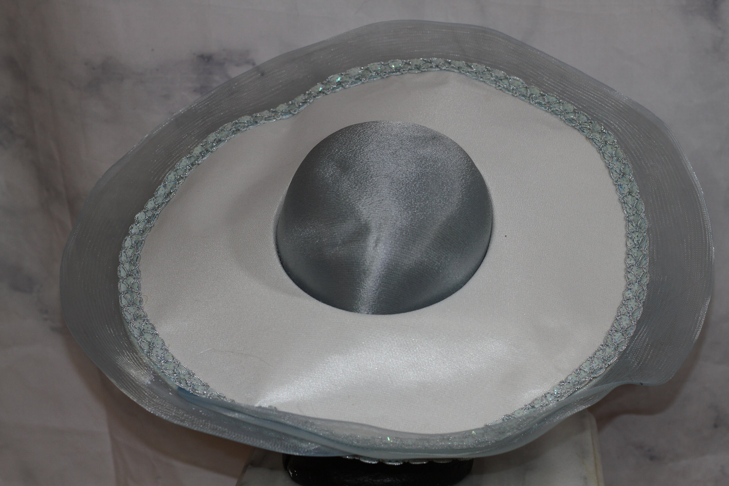 White & Blue Satin Large Brim Bowler Hat (7 3/ GEMVIE Mens 100% Wool Felt Bowler Derby Hat Theater Quality  main image 4