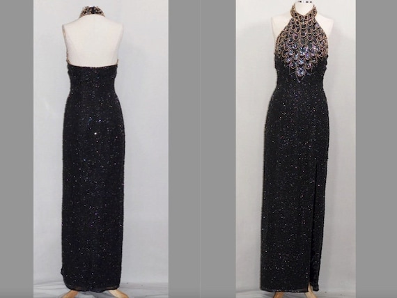 Black & Gold Silk Sequin Beaded Gown - image 1