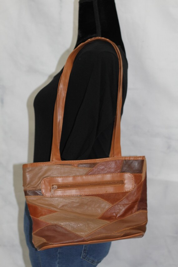 Brown Leather Patch Shoulder Handbag - image 3