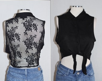 Top corto de encaje floral negro