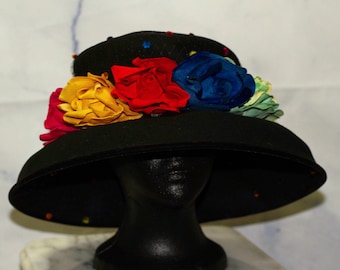 Kokin Doeskin Felt Wool  Multi- Color Floral Wide Brim Hat (7 3/4)