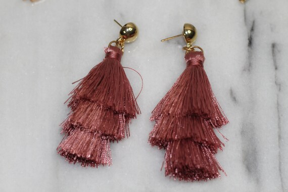 Gold Bar Stud - Pink Tassel Earrings (2pc)
