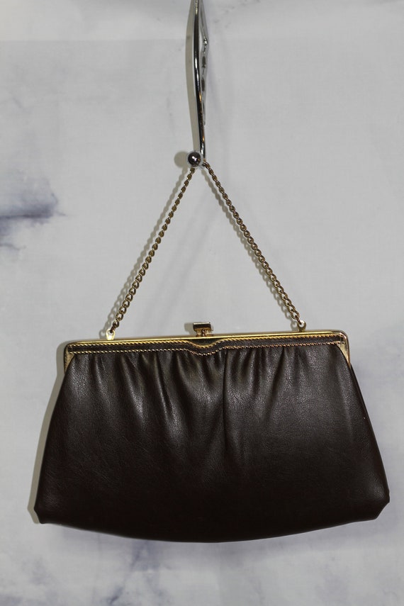 Leather Brown & Gold  Clutch Handbag with Gold Tri