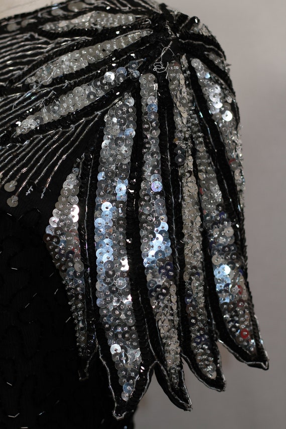 Handmade Beaded Sequin Black Silver Gown - image 7