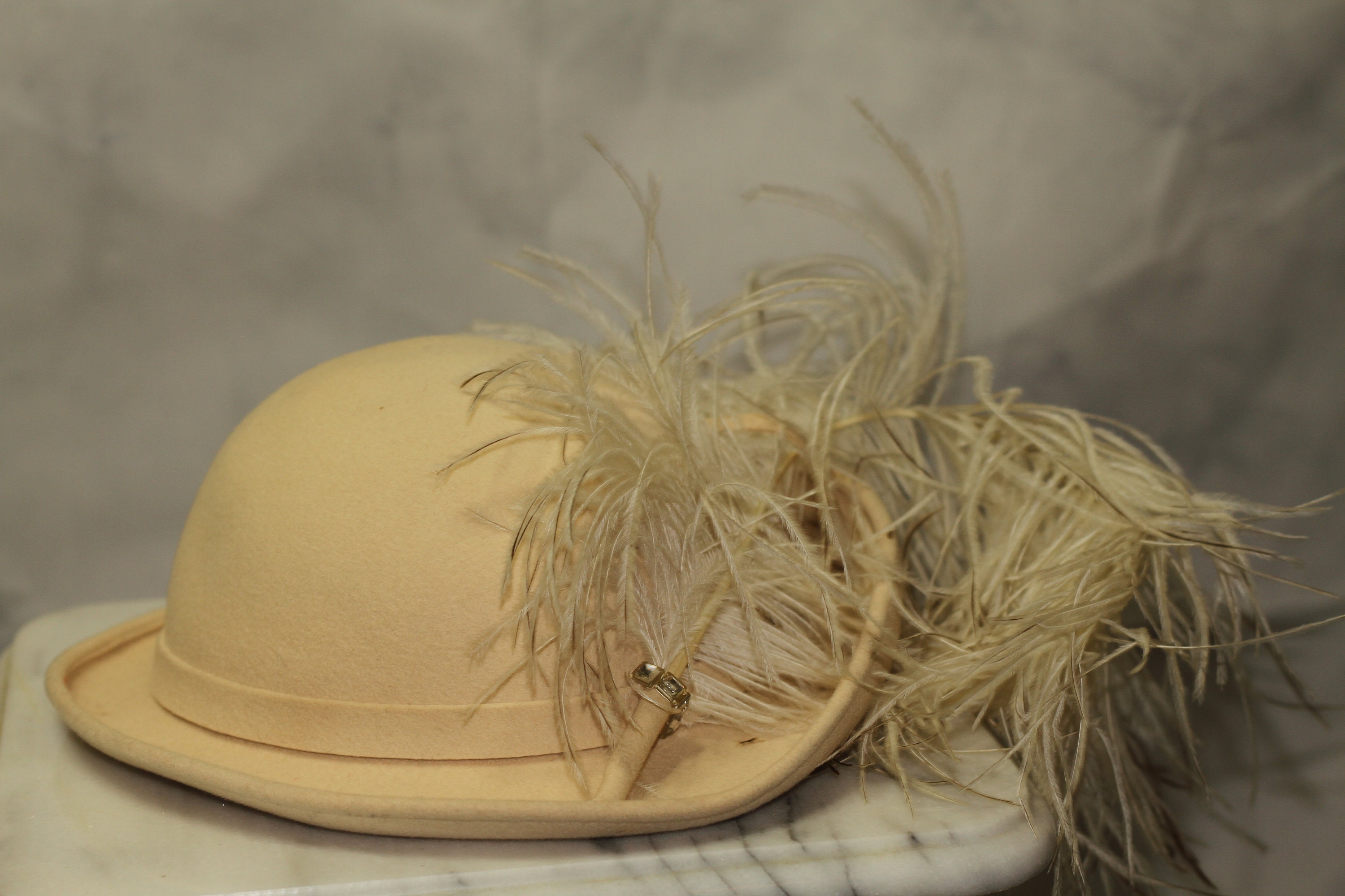 Leslie James Wool Cream Feathered Bowler Hat Leslie James Wool Cream Feathered Bowler Hat (7 3/8) - Etsy main image 4