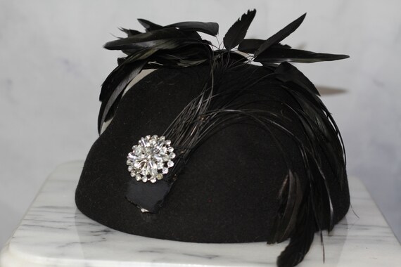 Wool Black Feathered Pill Box Hat (8+)