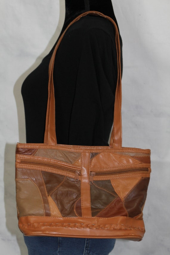 Brown Leather Patch Shoulder Handbag