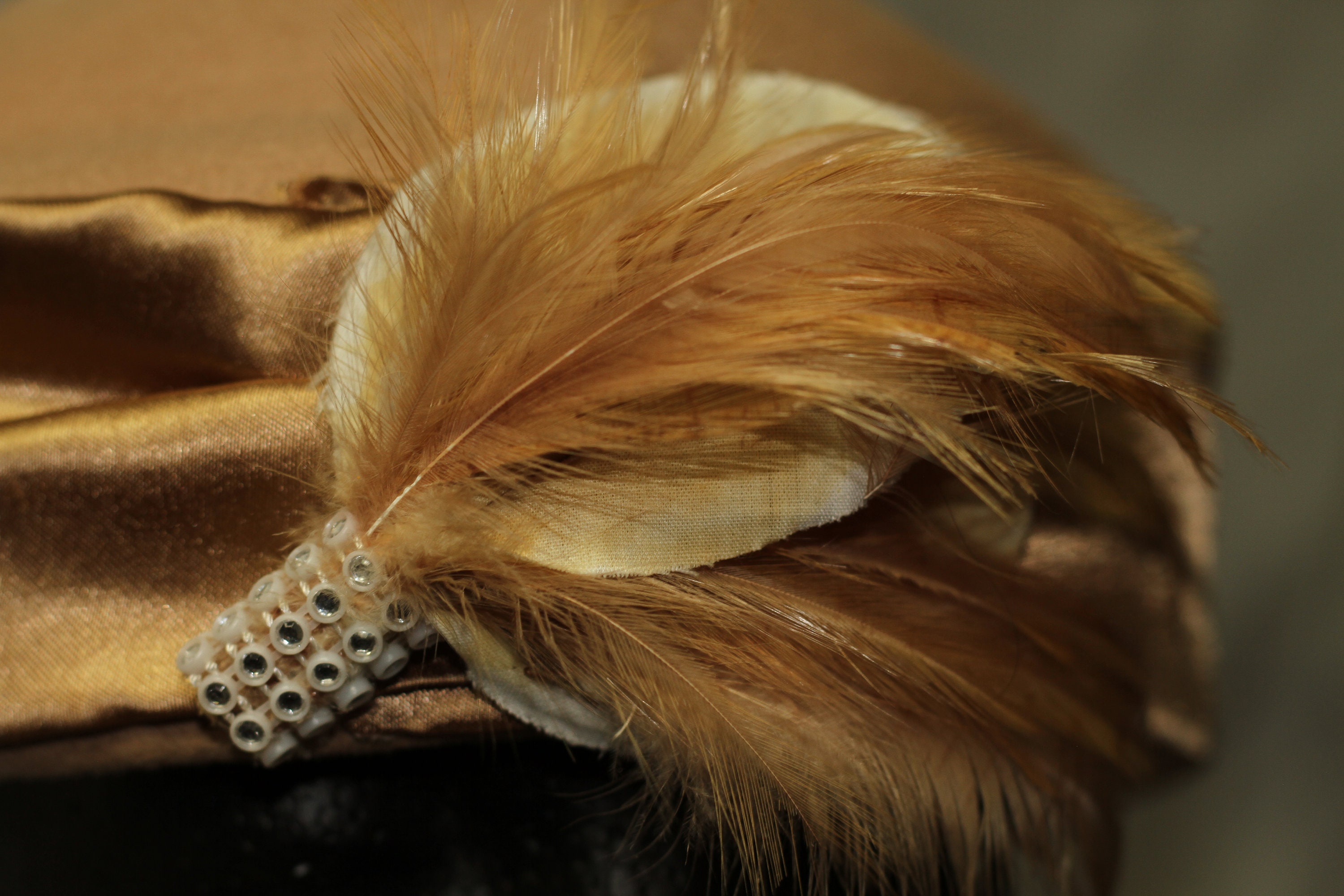 Lily Lee Wool Tan & Gold Feathered Pillbox Hat (8) - Etsy 