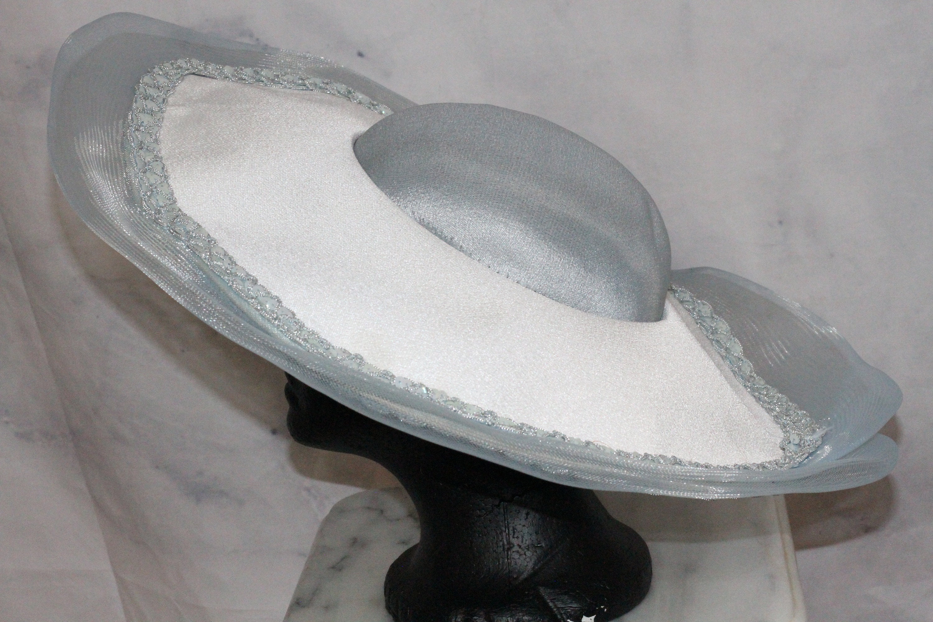 White & Blue Satin Large Brim Bowler Hat (7 3/ GEMVIE Mens 100% Wool Felt Bowler Derby Hat Theater Quality  main image 3