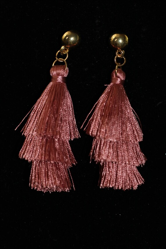 Gold Bar Stud - Pink Tassel Earrings (2pc) View 2