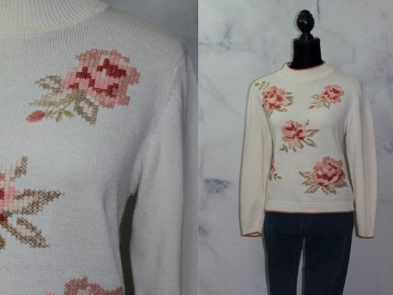 Alfred Dunner Pink White Rose Sweater PL Etsy