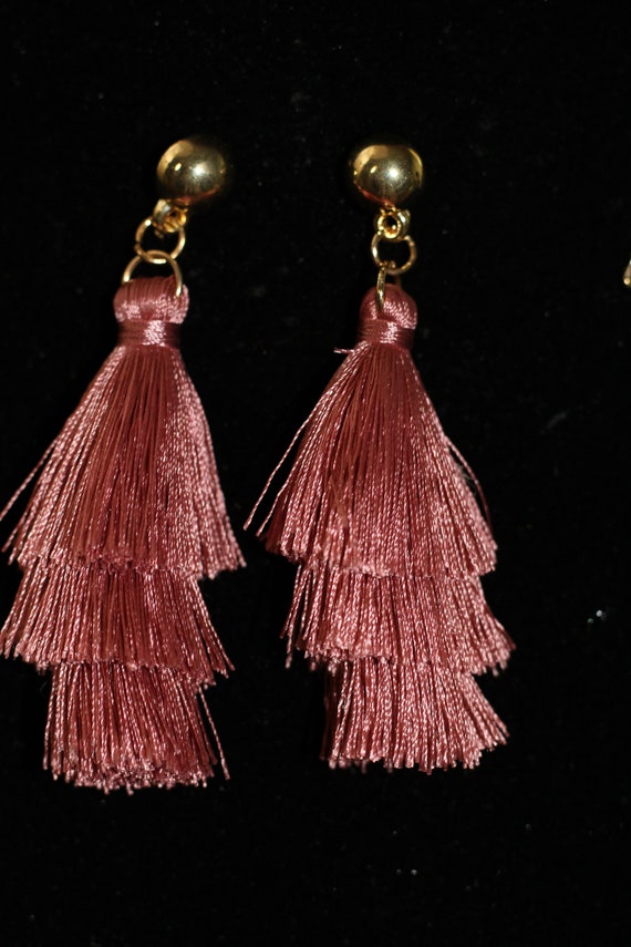Gold Bar Stud - Pink Tassel Earrings (2pc) View 3