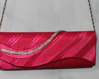 Hot Pink Clutch Handbag with Silver Link Chain