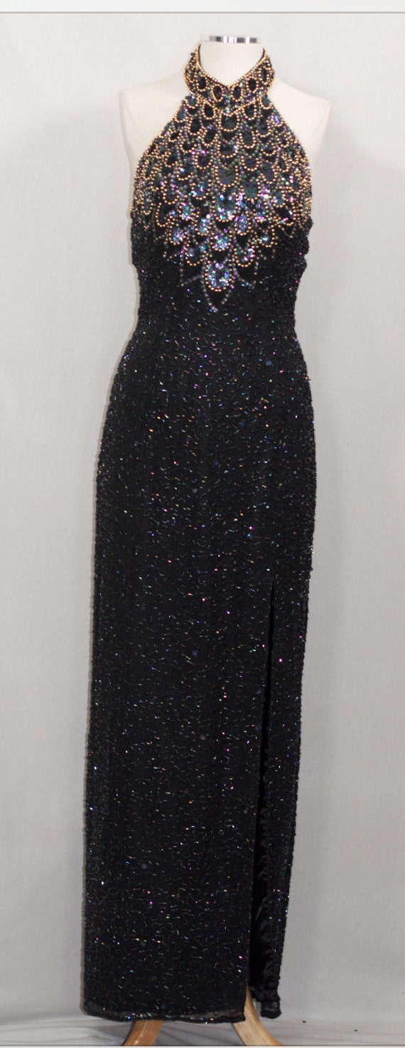 Black & Gold Silk Sequin Beaded Gown - image 7