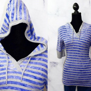 Vintage Calvin Klein Blue & Grey Strip Cotton Hoodie Top (S)