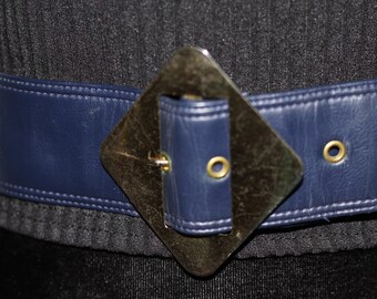 Dark Blue Leather Belt w/ Gold Belt Buckle