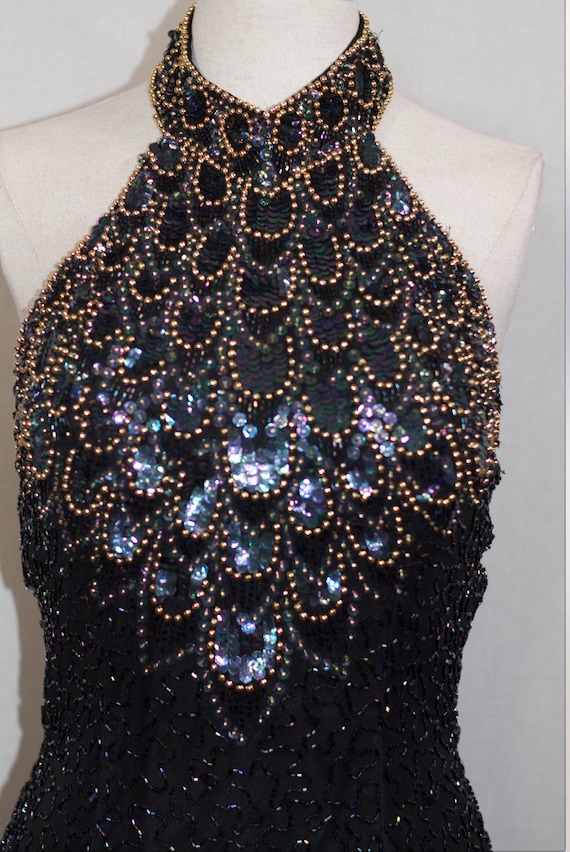 Black & Gold Silk Sequin Beaded Gown - image 3