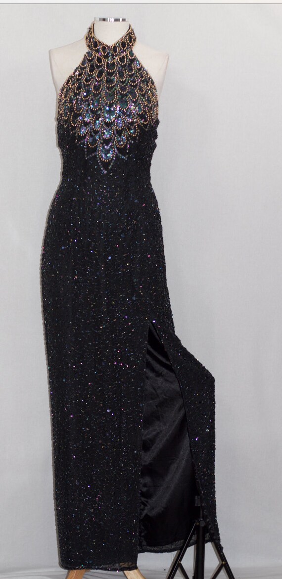 Black & Gold Silk Sequin Beaded Gown - image 8