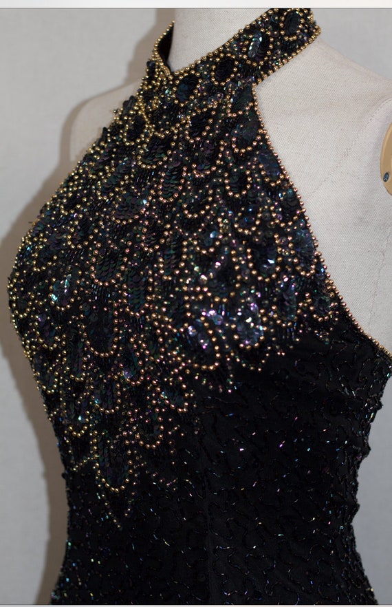 Black & Gold Silk Sequin Beaded Gown - image 6