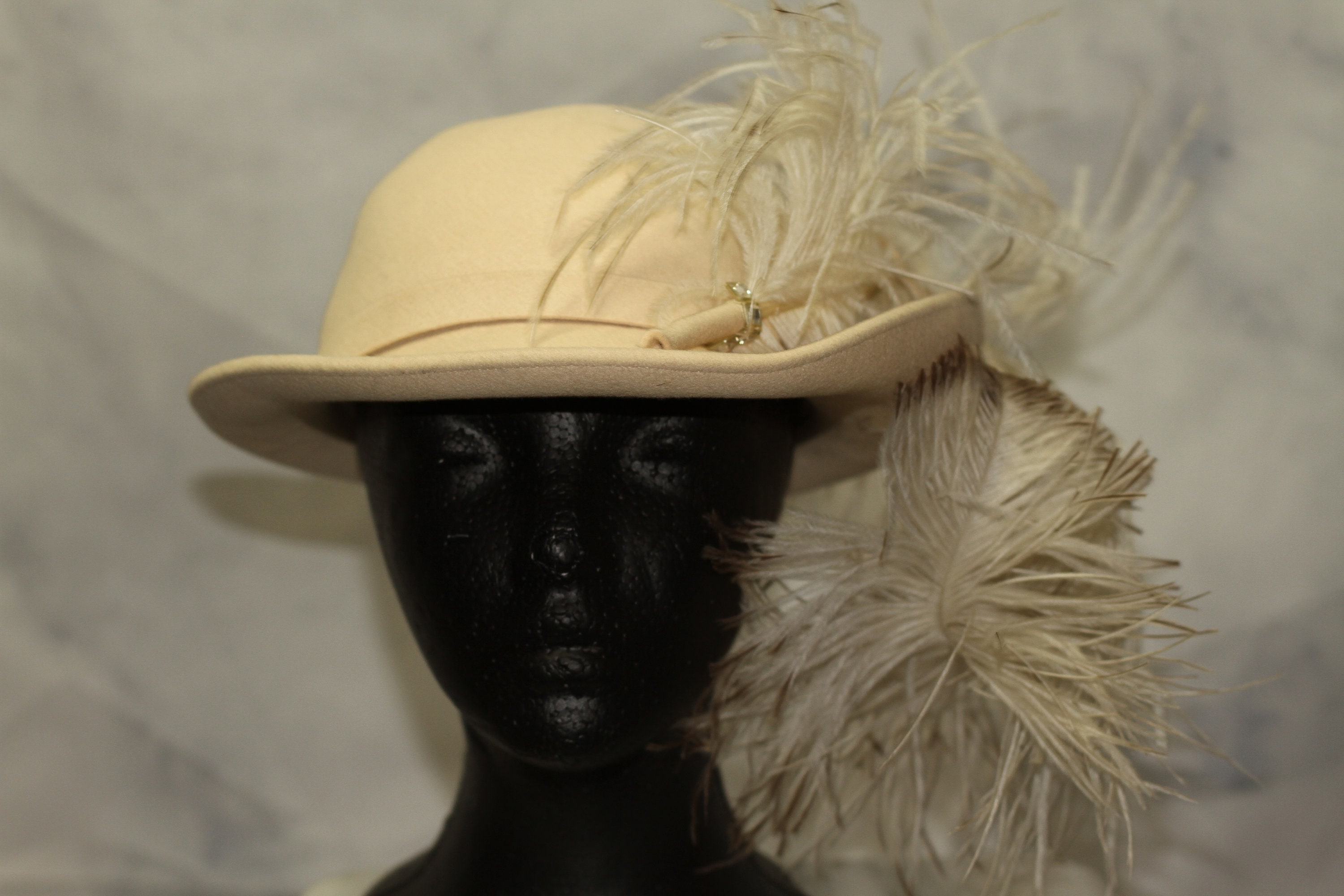 Leslie James Wool Cream Feathered Bowler Hat Leslie James Wool Cream Feathered Bowler Hat (7 3/8) - Etsy main image 3
