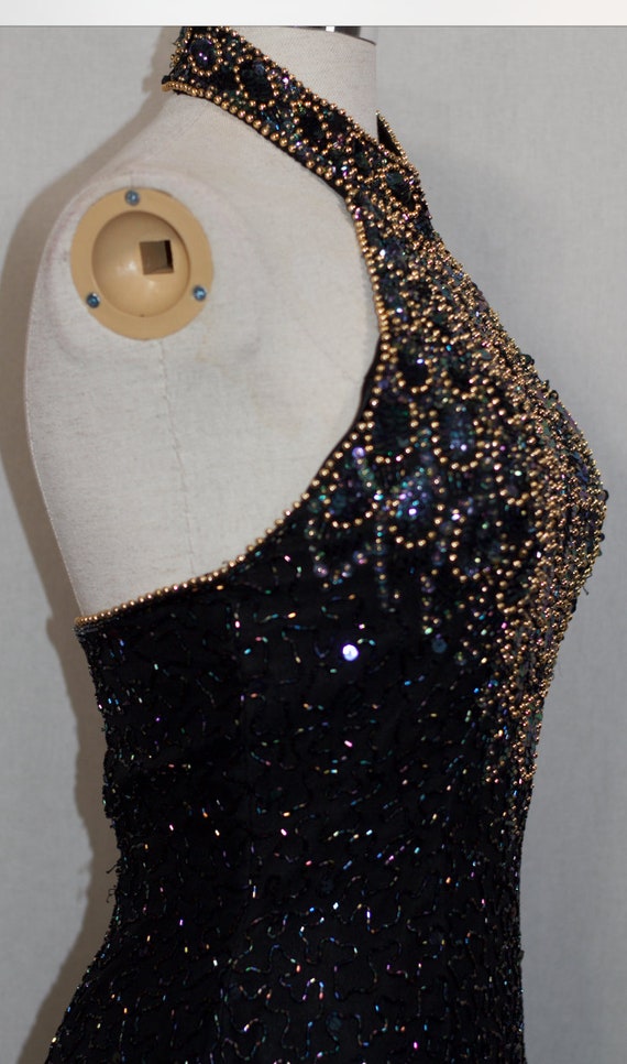Black & Gold Silk Sequin Beaded Gown - image 5