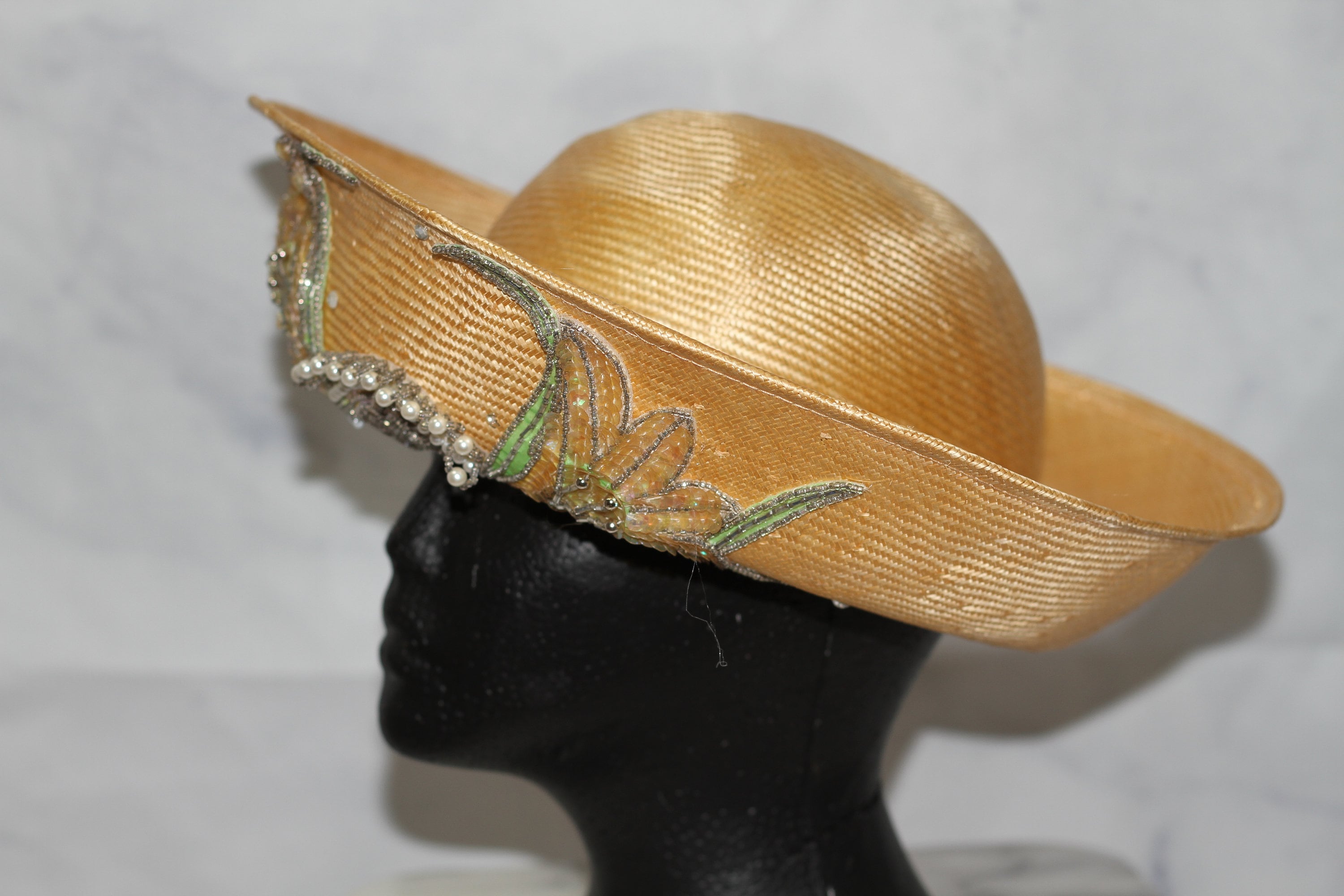NWOT Mr. John\'s Classic Tan Woven Straw Hat, Embellished Pearls/Rhinestones Deco Mr John Classic Hats - Etsy main image 3