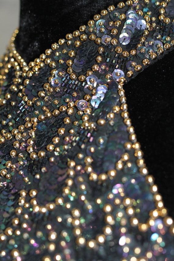 Black & Gold Silk Sequin Beaded Gown - image 2
