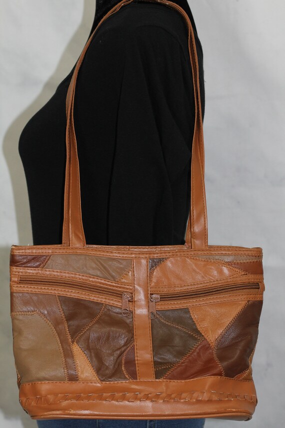 Brown Leather Patch Shoulder Handbag - image 4
