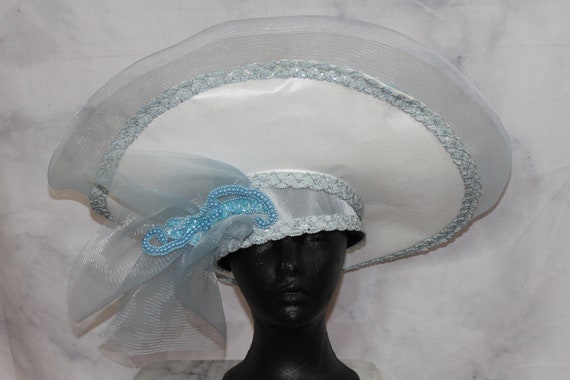 White & Blue Satin Large Brim Bowler Hat (7 3/4) - image 5