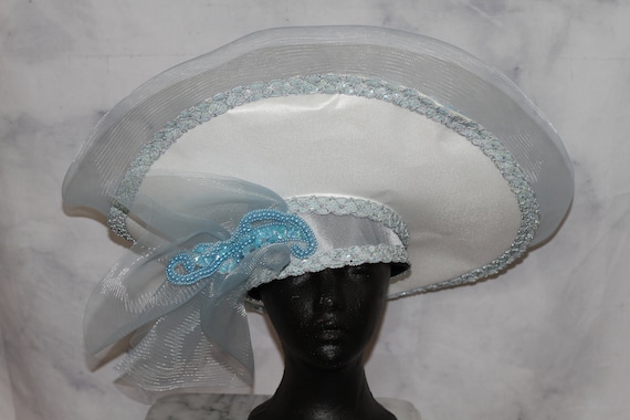 White & Blue Satin Large Brim Bowler Hat (7 3/4) - image 1