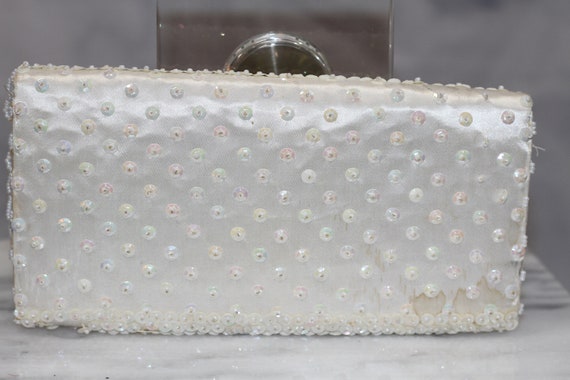 Satin White Beaded Clutch Handbag - image 3