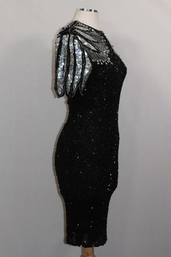 Handmade Beaded Sequin Black Silver Gown - image 9