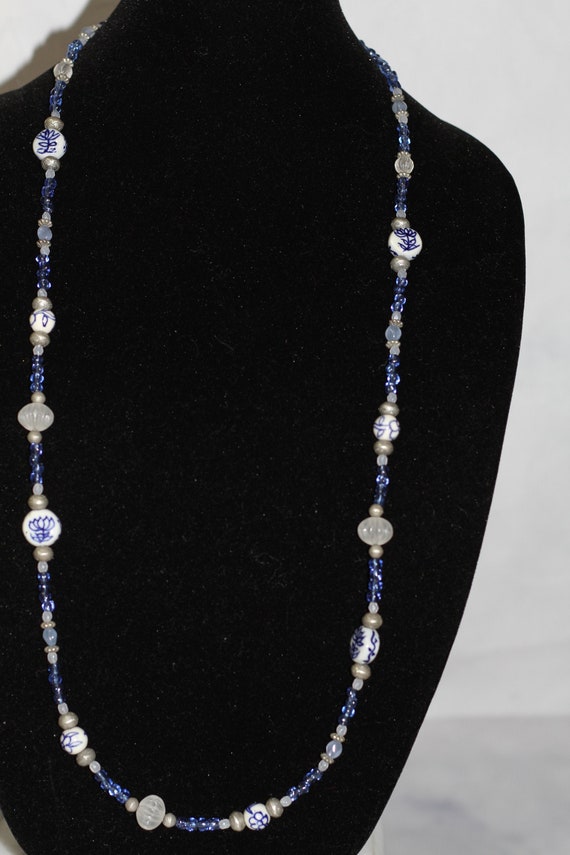 Blue & White Beaded Long Necklace