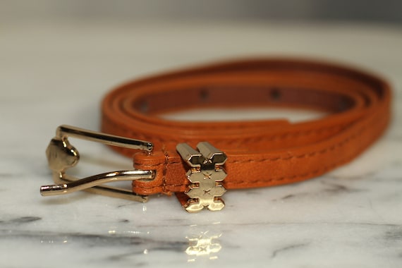 Brown Leather Belt with Gold Buckle - Gem