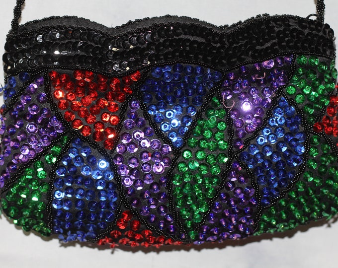 Multi Color Sequin Handbag with Black Beaded Straps