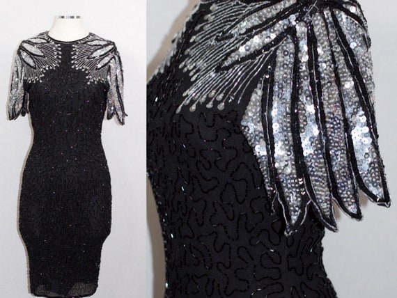 Handmade Beaded Sequin Black Silver Gown - image 2