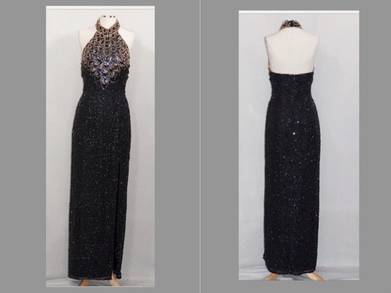 Black & Gold Silk Sequin Beaded Gown - image 10