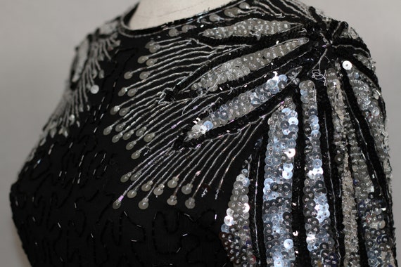 Handmade Beaded Sequin Black Silver Gown - image 5