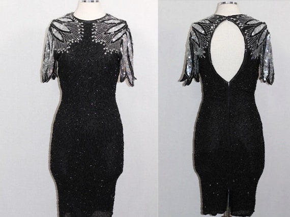 Handmade Beaded Sequin Black Silver Gown - image 1