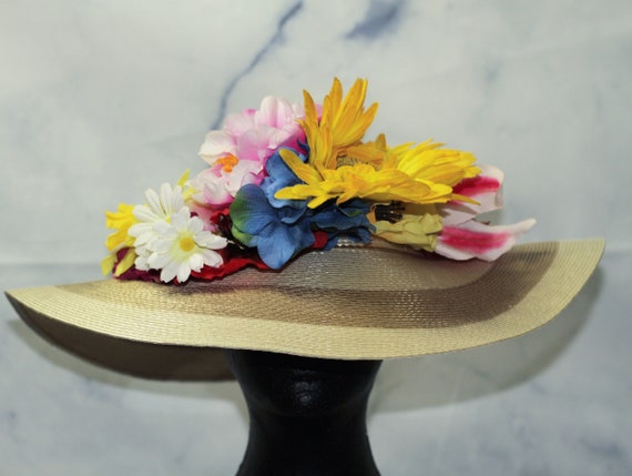 Floral Straw Wide Brim Hat (7 3/4) - image 1