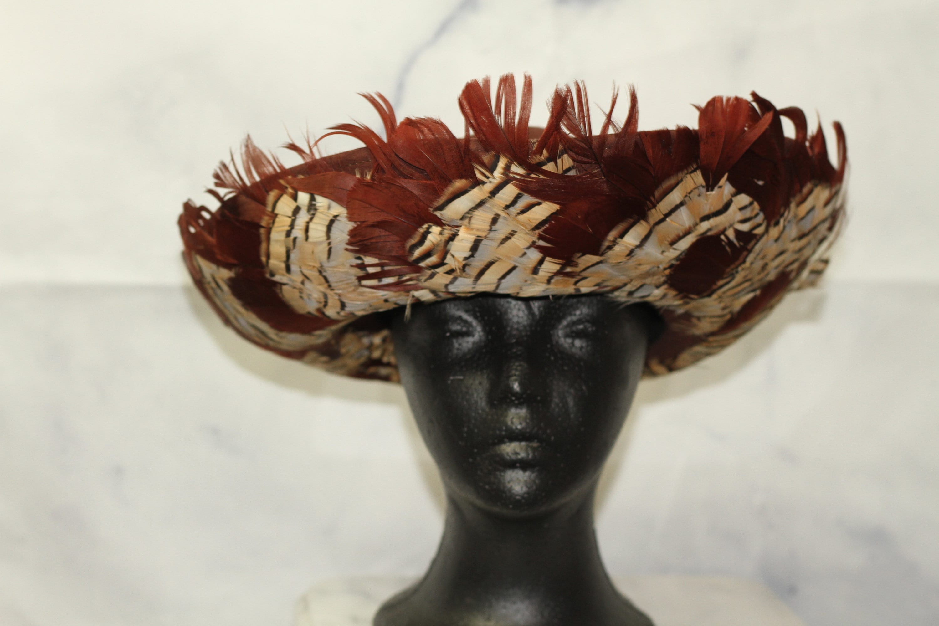 Deborah New York Wool Brown Feathered Wide Brim Bowler Hat  display picture 3