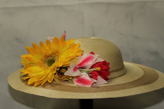 Floral Straw Wide Brim Hat (7 3/4) - image 7