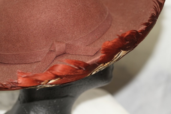 Deborah New York Wool Brown Feathered Wide Brim Bowler Hat  display picture 1
