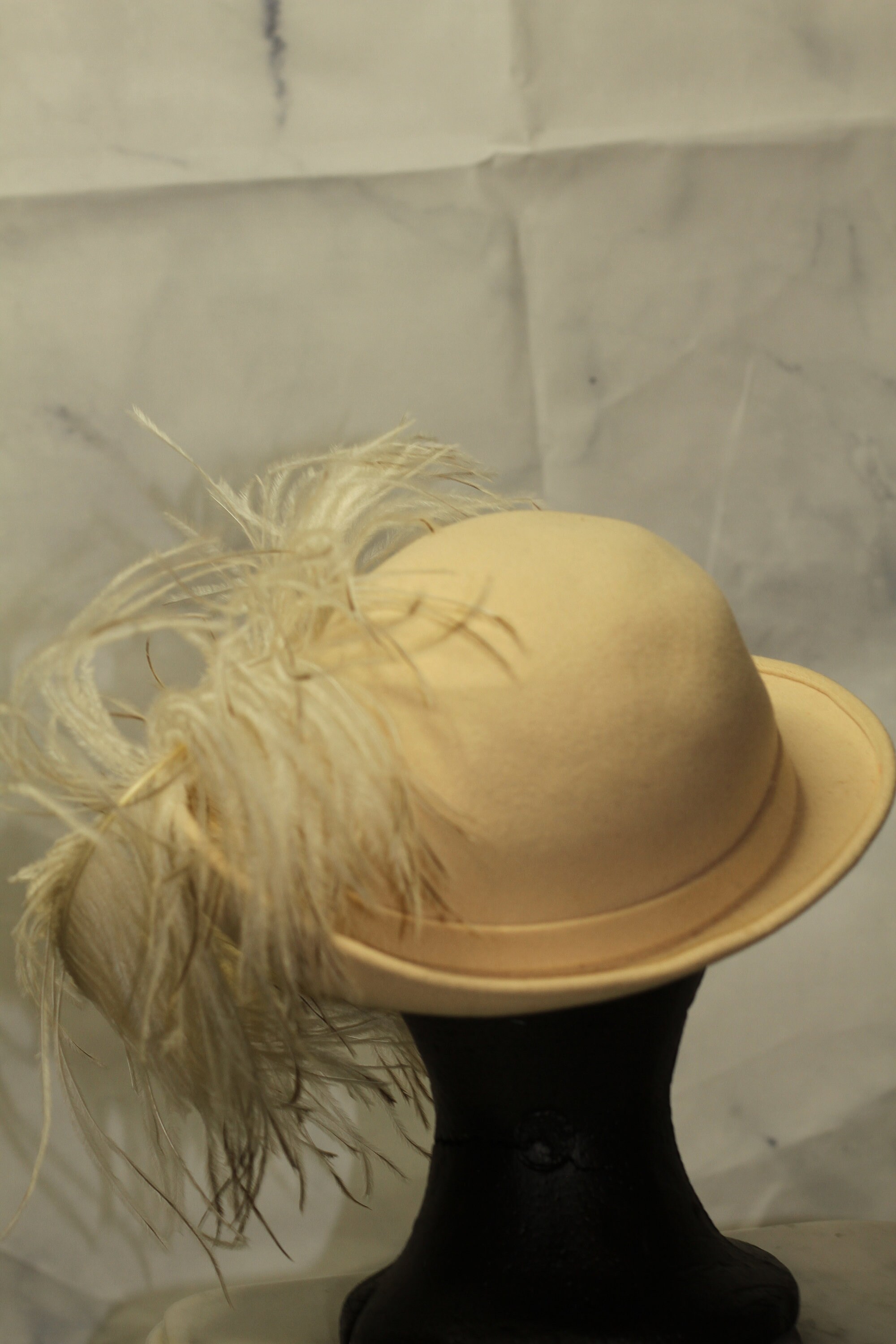 Leslie James Wool Cream Feathered Bowler Hat Leslie James Wool Cream Feathered Bowler Hat (7 3/8) - Etsy main image 2