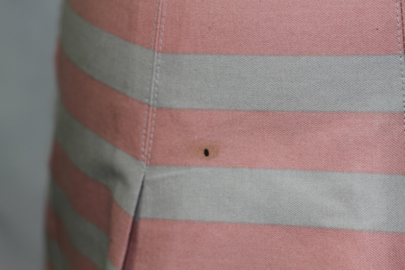 Puede incluir: Una falda de rayas rosa y gris con una peque&ntilde;a mancha negra.