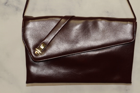 Leather Burgundy Clutch Handbag with Interior Mir… - image 1