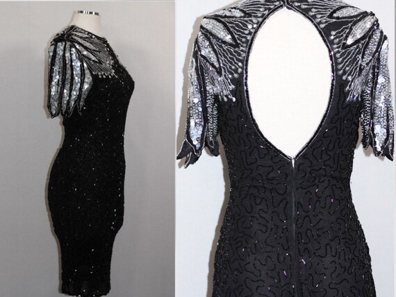 Handmade Beaded Sequin Black Silver Gown - image 3